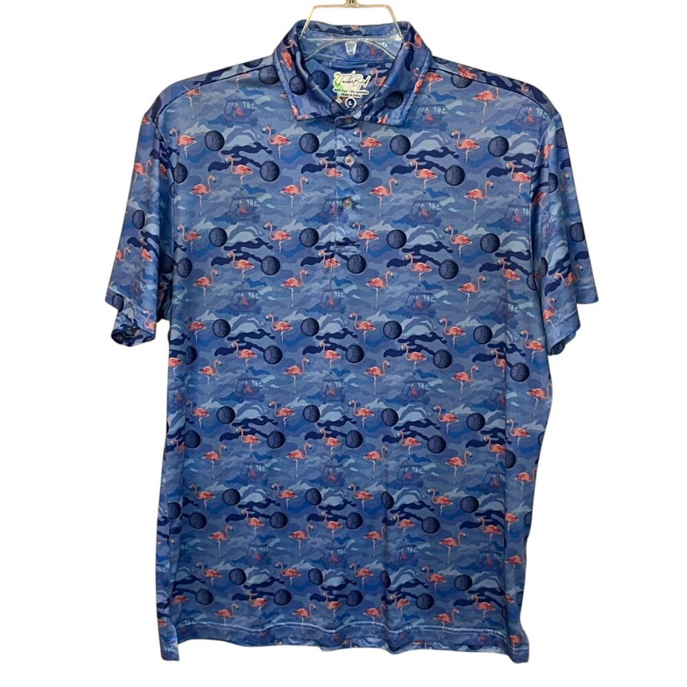 TailorByrd Blue Golf Ball Pink Flamingo Polo Shirt Large Performance SPF 30 - Picture 1 of 8